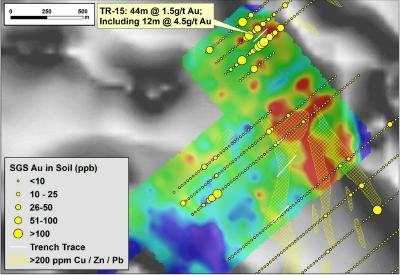 Figure 3: Location of TR-15 in relation to the Company’s gold in soil results. Background image shows gradient array IP chargeability response (colour scale) over analytic signal magnetics (grey scale). (CNW Group/Meridian Mining UK Societas)