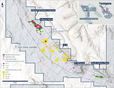 Figure 2: Location of TR-15 in relation to the Mine Corridor between the Cabaçal and Santa Helena Mines. (CNW Group/Meridian Mining UK Societas)