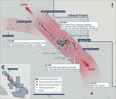 Figure 1: Location of TR-15 in relation to the results from the Cabaçal Mine drilling  campaign. (CNW Group/Meridian Mining UK Societas)