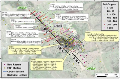 Figure 1: Map of results reported today, with metallurgical results highlighted in yellow. (CNW Group/Meridian Mining UK Societas)