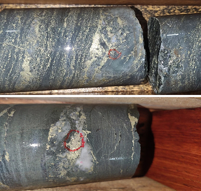 Photo 1: Top: CD-88 Core Photos: Top: Visible gold in at depth interval 61.2m, associate with silica flooding overprint on VMS Cu-Au-Ag system; Bottom: Visible gold, circled on margin of quartz-sulphide stringer assemblage at depth interval 65.7m. (CNW Group/Meridian Mining UK Societas)