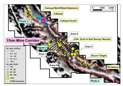 Figure 1: Au in soil results over analytic signal greyscale magnetics, with Au in drill assay results superimposed in plan view. (CNW Group/Meridian Mining UK Societas)
