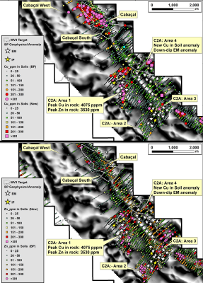 Figure 1: C2A Target: Top: Copper-in-soil anomalies. Bottom: Zinc-in-soil anomalies. (CNW Group/Meridian Mining UK Societas)