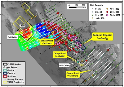 Figure 1: Collar locations for Cabaçal West and South Targets, in relation to FLTEM conductive models. (CNW Group/Meridian Mining S.E.)