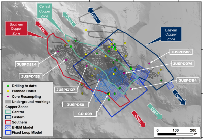 Figure 1: Location of resampled core and status of the current drill program (CNW Group/Meridian Mining S.E.)