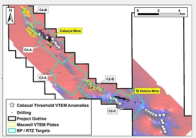 Figure 3: Regional distribution of the both the high-amplitude VTEM anomalies (yellow polygons) and newly modelled “Cabaçal-style” responses (white stars). (CNW Group/Meridian Mining S.E.)