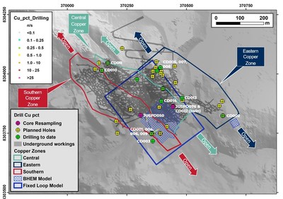Figure 1 Diamond drill program with current hole status and locations of historical JUSPD collars from resampling program. (CNW Group/Meridian Mining S.E.)