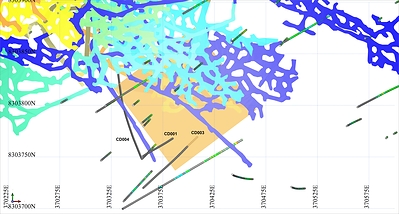 Figure 1: Modelled Maxwell Plate from DHEM on hole CD-001. Additional holes will be surveyed to better constrain the lateral extent of the response. (CNW Group/Meridian Mining S.E.)