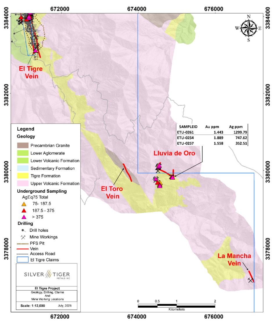 Figure 7: Plan View El Tigre Project- Lluvia de Oro - Southern Veins