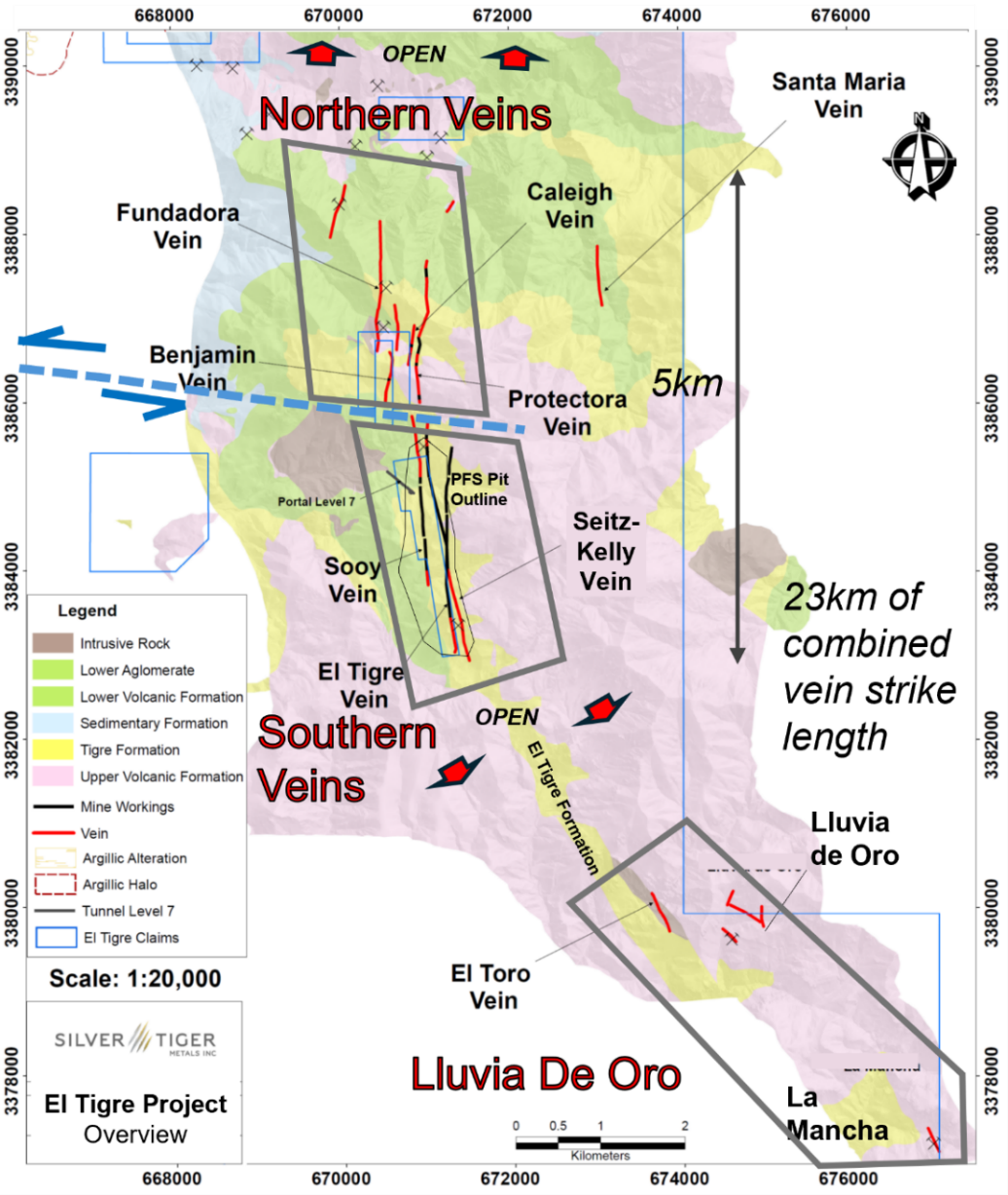 Figure 4: Plan View Map Showing Northern, Southern and Lluvia de Oro Veins