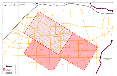 Fig 2: Hatched area shows the Phase 1 eFTG survey (2184 km2, 540,000 acres) and the solid red area is the Phase 2 program (2814 km2, 695,000 acres). (CNW Group/Reconnaissance Energy Africa Ltd.)