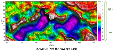 eFTG Synthetic Model - Note that the purple and blue areas indicate basin lows, red and white indicate basin highs. (CNW Group/Reconnaissance Energy Africa Ltd.)