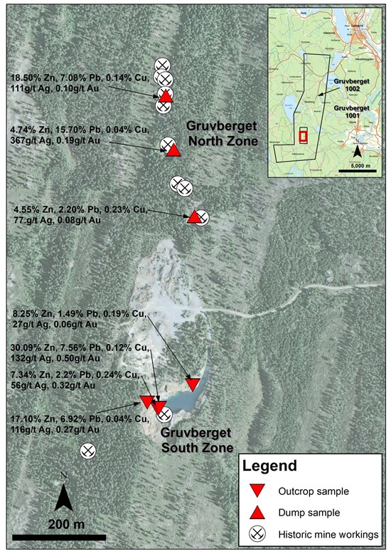 Figure 1: Rock Sample Locations and Assays on Gruvberget Property