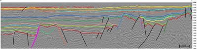 Karoo Rift Basin Seismic (line 1) - Seismic section through the Karoo Rift Basin showing the main and perched grabens (rift valleys); note the series of normal faults controlling the rift basin architecture and depositional stratigraphy. (CNW Group/Reconnaissance Energy Africa Ltd.)