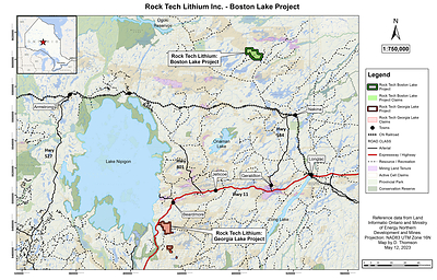 Map shows  Rock Tech’s Georgia Lake Project and the Boston Lake Claims in the Thunder Bay Mining District of Ontario.

Rock Tech Options Additional Property in Thunder Bay Mining District and Appoints Strategic Advisor for Georgia Lake Project (CNW Group/Rock Tech Lithium Inc.)