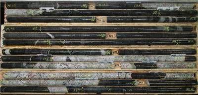 Figure 4B. Spodumene bearing Lithium Pegmatite intersections in drill hole NC-22-16 (Core Interval from 331.4 to 348.9 m) (CNW Group/Rock Tech Lithium Inc.)