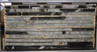 Figure 5.A. Spodumene bearing Lithium Pegmatite intersections in drill hole NC-21-20 (Core Interval from 194M to 211.5M) (CNW Group/Rock Tech Lithium Inc.)