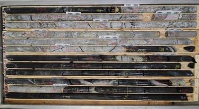 Figure 5.D. Spodumene bearing Lithium Pegmatite intersections in drill hole HAR-22-01 (Core Interval from 17.6 M to 35 M) (CNW Group/Rock Tech Lithium Inc.)