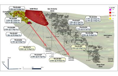 Isometric View Looking NNE SAM W Target with High Grade Gold Intercepts (CNW Group/1911 Gold Corporation)