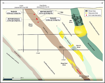 Figure 3: Cross Section (Looking North)-CC’ Shore Target (007 Shear) (CNW Group/1911 Gold Corporation)