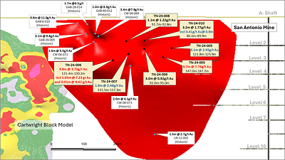 Figure 4: Expanded Long Section (AA1) of San Antonio West Target with drill intercepts (CNW Group/1911 Gold Corporation)