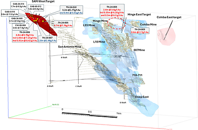 Figure 2: Isometric view of True North Mine Complex with target area locations, underground workings, and known vein shapes (light blue) (CNW Group/1911 Gold Corporation)