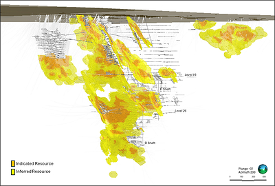 Figure 3: 3D view of resource block model looking southwest with underground mine workings and drill hole traces (CNW Group/1911 Gold Corporation)