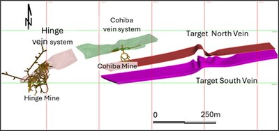 Figure 7: Plan view showing Cohiba Mine and vein system, interpreted shear zones and Cohiba East North Vein and South Vein targets. (CNW Group/1911 Gold Corporation)