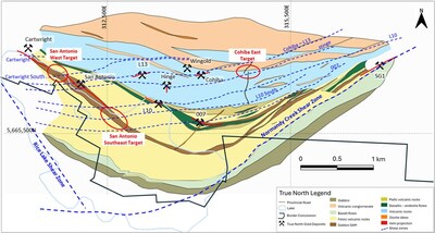 Figure 1: Generalized True North Mine Geology Map with mine locations, surface projection of known gold mineralized veins, interpreted shear zones and drill target areas. (CNW Group/1911 Gold Corporation)