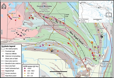 Figure 1: Central Manitoba Mine Location Map With Surface Assays (CNW Group/1911 Gold Corporation)