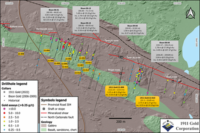 Figure 2: Current and Historical Drilling at Central Manitoba (CNW Group/1911 Gold Corporation)