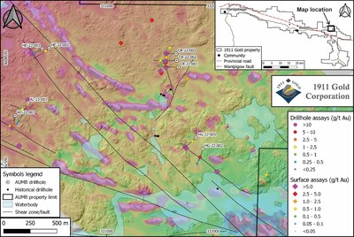 Figure 1: Location map of 2022 drillholes at Wallace (LiDAR base with UAV-MAG drape). (CNW Group/1911 Gold Corporation)