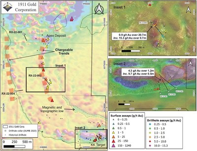 Figure 2: Apex Property showing drillhole and sample locations on RTP-1VD magnetic base. (CNW Group/1911 Gold Corporation)