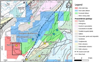 Figure 1: Location map of the Apex Property, with major mineral occurrences (also shown are adjacent properties with active lithium exploration). (CNW Group/1911 Gold Corporation)