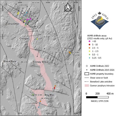 Figure 2: Tinney project, showing target areas and 1911 Gold drillholes. (CNW Group/1911 Gold Corporation)