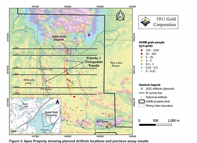 Figure 3 : Apex Property showing planned drillhole locations and previous assay results (CNW Group/1911 Gold Corporation)