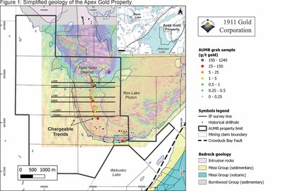 Figure 1: Simplified geology of the Apex Gold Property. (CNW Group/1911 Gold Corporation)