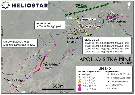 Figure 1:&nbsp;Plan map showing location of the Heliostar and historic drilling at the Apollo prospect.