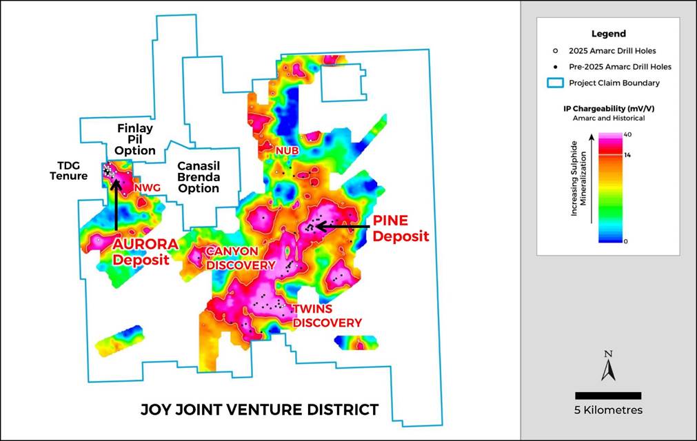 Figure 1: JOY District - Large-Scale Mineral Systems Host the AuRORA, TWINS and Canyon Discoveries, PINE Deposit, NWG, NUB and Other Sulphide Systems