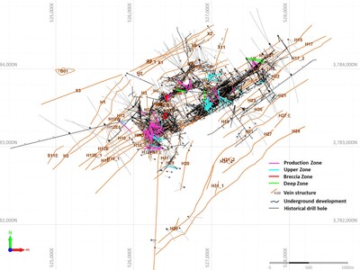 Location of drill holes and target areas at HPG mine applicable to the reporting period. (CNW Group/Silvercorp Metals Inc)