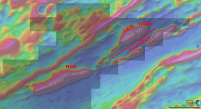 Figure 3: Nisk / Lion / Hydro land showing 2D Residual magnetic intensity of interpreted ultramafic structures and fold hinge (CNW Group/Power Metallic Mines Inc.)