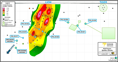 Figure 1: Lion Area long-section with drill hole locations reported in this news release. (CNW Group/Power Metallic Mines Inc.)