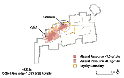 Côté / Gosselin Royalty Map (CNW Group/Metalla Royalty & Streaming Ltd.)