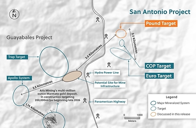 Figure 5: Plan View of the San Antonio and Guayabales Projects Highlighting the Pound Target at the San Antonio Project (CNW Group/Collective Mining Ltd.)