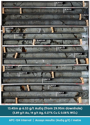 Figure 2: Drill Core Tray Photo Highlighting High-Grade Mineralization Encountered Close to Surface in Drill Hole APC-124 (CNW Group/Collective Mining Ltd.)