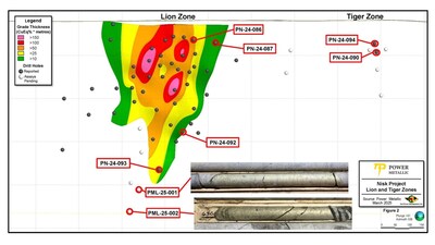 Figure 2: Longitudinal view across the Lion Zone Area, presenting the CuEq Rec1 x meters, with interpreted plunge direction extension (CNW Group/Power Metallic Mines Inc.)