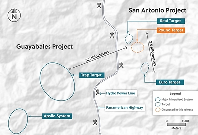 Figure 4: Plan View of the San Antonio and Guayabales Projects Highlighting the Pound Target at the San Antonio Project (CNW Group/Collective Mining Ltd.)