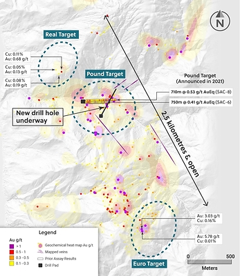 Figure 1: Plan View of the San Antonio Project Highlighting Surface Geochemical Results Defining the Pound, Real and Euro Targets (CNW Group/Collective Mining Ltd.)
