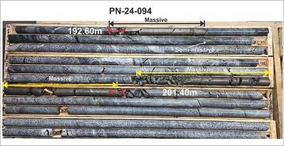 Figure 3: Massive sulphide intersections in PN-24-094. This zone was preceded by significant  zones of vein, fracture controlled and disseminated Cu zones. (CNW Group/Power Nickel Inc.)