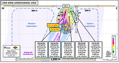 Figure 1: Longitudinal view across the Lion Zone Area, presenting the location of Lion Zone against the ultramafic extent. (CNW Group/Power Nickel Inc.)